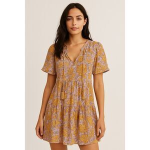 Sundance Floral Lined Dress Large 100% Cotton Golden Yellow Cottage Boho Prairie